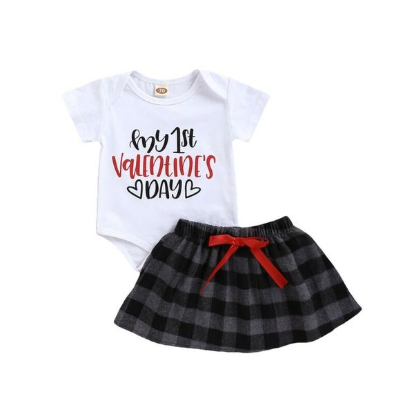 

my first valentine's day cotton newborn baby girl clothes sets letter short sleeve romper+plaid skirt set summer outfits, White
