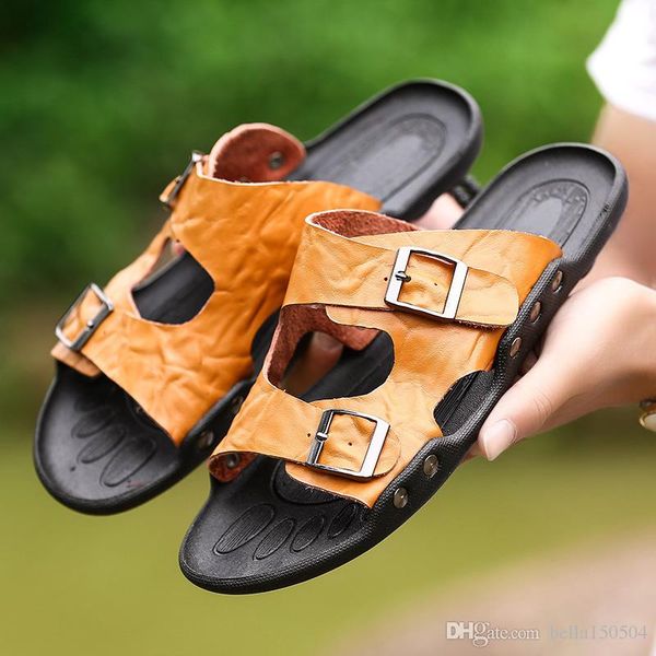 

genuine leather slippers mens flat sandals women shoes double buckle famous brand arizona summer beach flip flops ing, Black