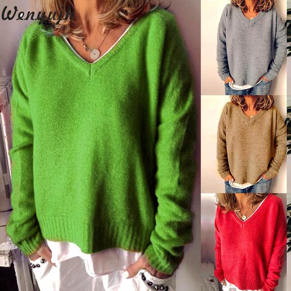

wenyujh new winter sweater women solid v neck pull femme casual slim pullover loose trendy sweaters thick knitted sweater jumper, White;black