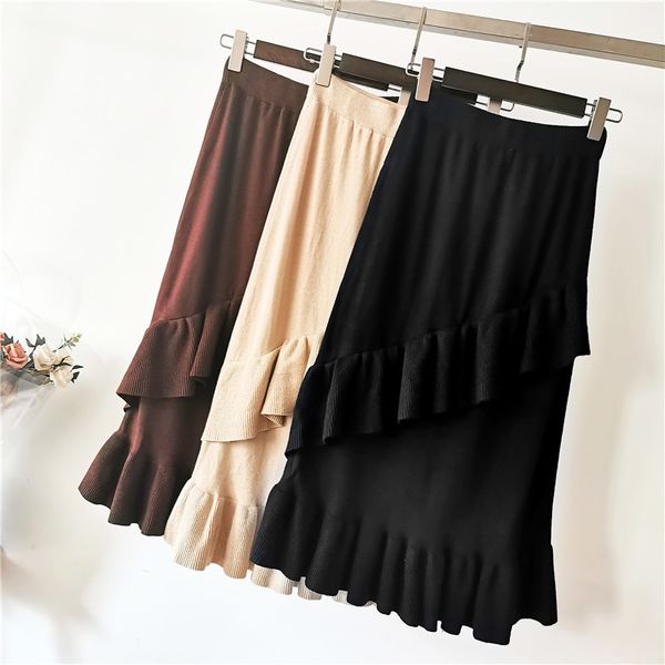 

pack hip fishtail skirt female autumn 2019 new ruffled retro high waist a word skirt in the long ruffled, Black