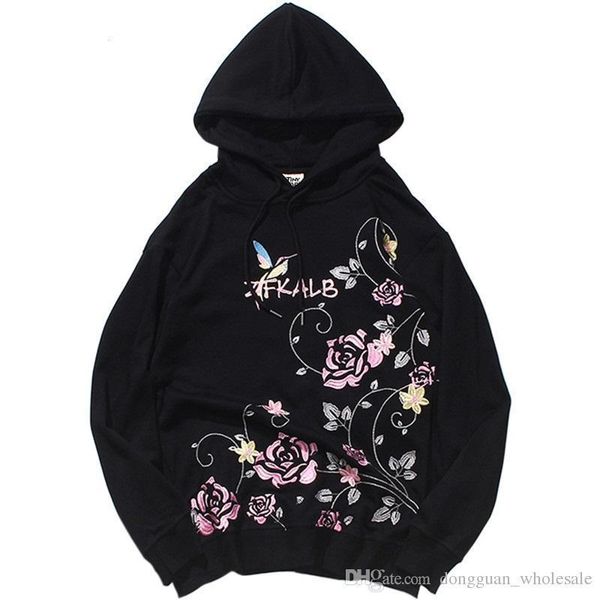

2019 harajuku hoodie толстовка вышивка роза мужчины хип-хоп уличная толстовки цветочный хлопок осень пуловер толстовка японский стиль, Black