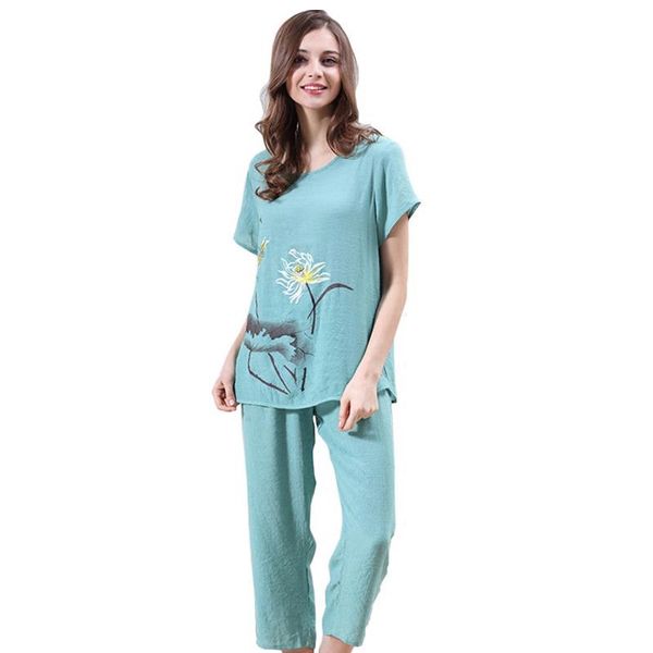 

brand new female pajamas set sleepwear women cotton embroider flower pyjamas suit short sleeve nightwear bathrobe night gown, Black;red
