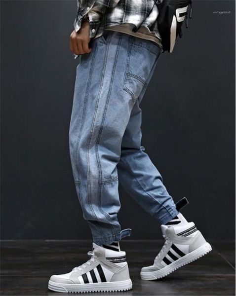 

fashion long mens cargo pants with pockets high street loose light blue mens jeans