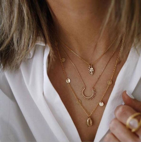 

european and american fashion retro creative personality leaf disc shell alloy pendant multilayer three-layer woman necklace, Silver