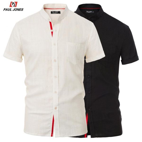 

jones men's loose fit rayon & linen shirt casual short sleeve shirts fashion stand collar breathable shirts for summer, White;black
