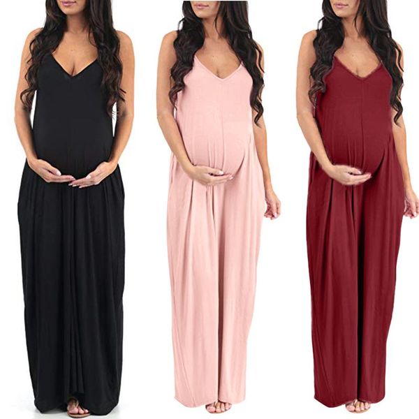 

summer female dress solid color deep v-neck sleeveless dress one-piece for pregnant women black pink red, White