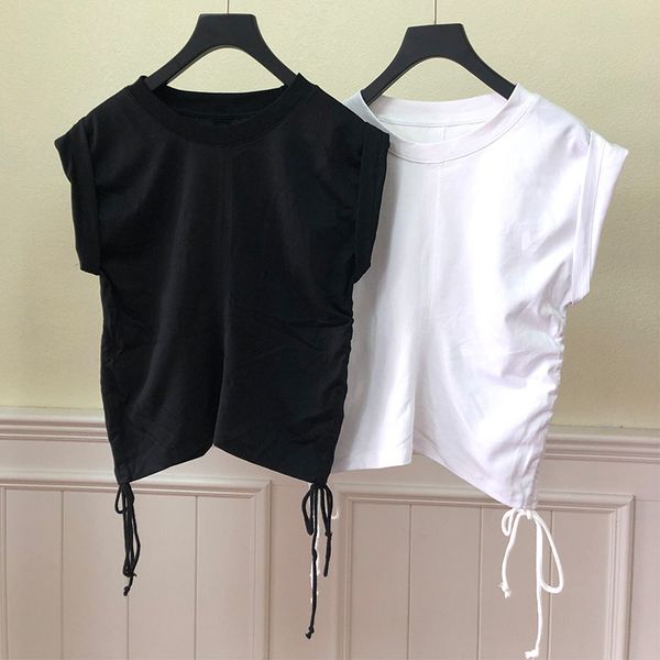 

women tshirt 2020 summer new sleeveless drawstring t-shirt solid color, White