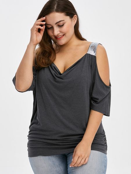 

wipalo women plus size cold shoulder sequined trim t-shirts short sleeves female casual summer shirts cut out fashion tees, White