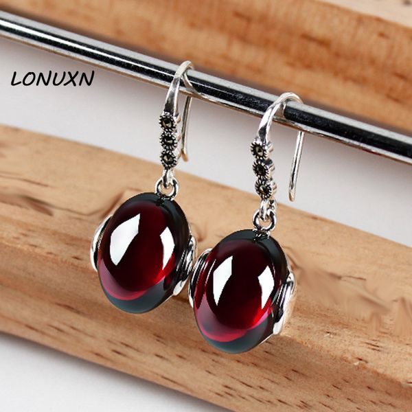 

5cm*1.3cm 925 silver vintage green chalcedony garnet earrings female temperament natural semi-precious stones red corundum