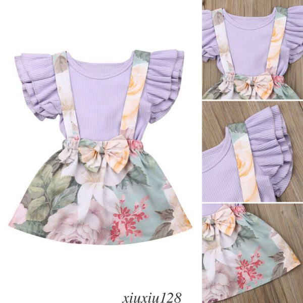 

toddler baby girls princess ruffle flying sleeve romper+floral sling skirt 2pcs, White