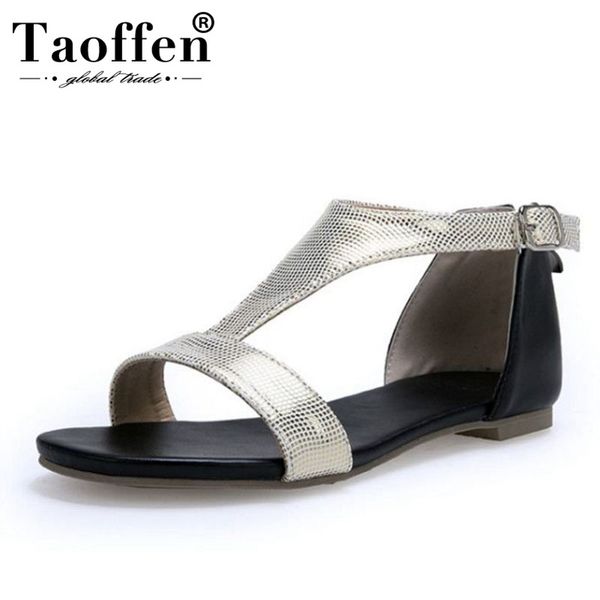 

taoffen women gladiator fashion buckle sandals club daily outdoor simple flats shoes women beach vacatin summer shoes size 33-44, Black