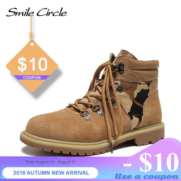 

smile circle ankle boots women flat shoes autumn england style genuine leather lace-up casual short boots, Black