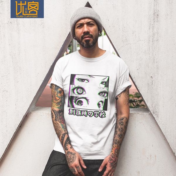 

prison school t shirt eyes glitch sad japanese t-shirts loli anime manga kawaii tees novelty man clothes pure cotton, White;black