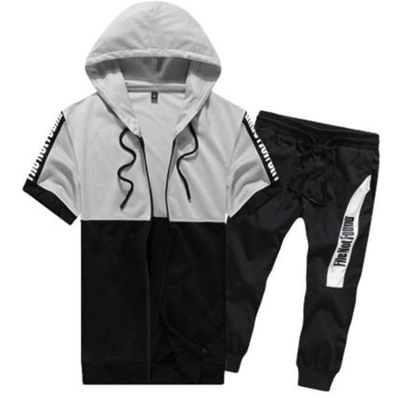 

mens cardigan hooded short sleeve zipper ankle length pants mens summer suits mens deisgner tracksuits, Gray