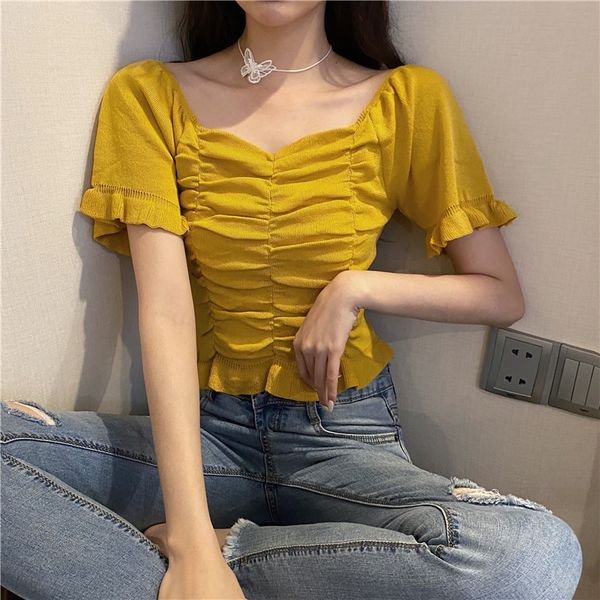 

2020 т - деревянное ухо короткими рукавами трикотажные футболки базовый рубашка тонкий плиссированные пупка короткая верхняя женская одежда, White