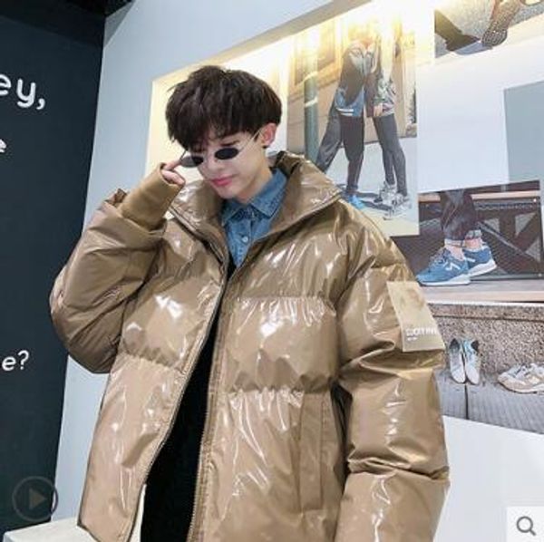 

2019 winter loose collar bright leather cloth jacket thick wind warm coat men women couple purple cotton clothes, Black