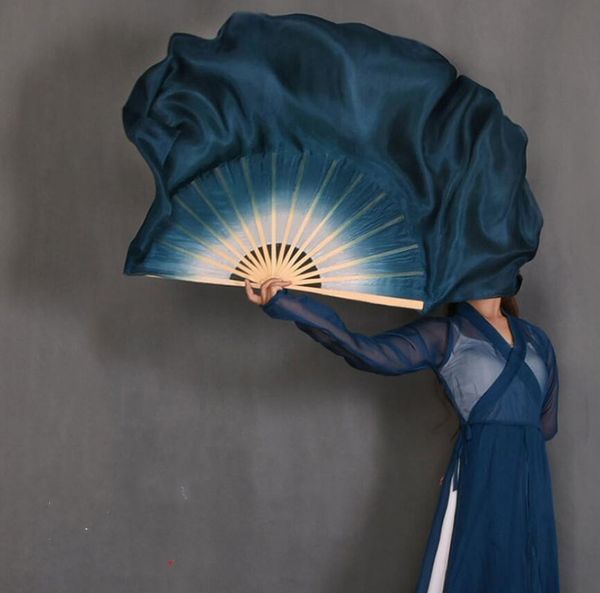 New White Dark Blue Gradient Silk Veil Chinese Traditinal Hand Dye Dance Fan Pairs Two Layer Machine Rolled Adulti 20 pollici