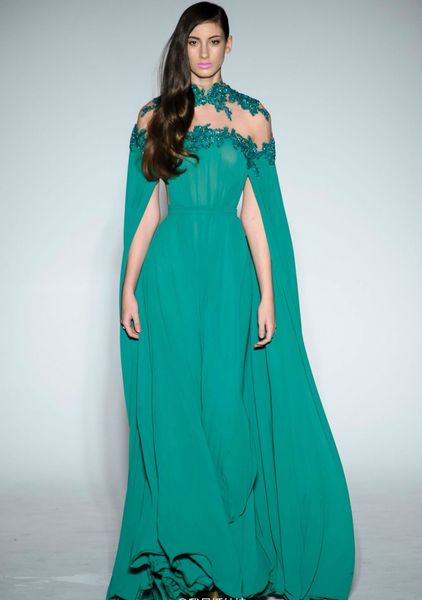 

green saudi arabia long evening dresses high neck robe de soiree with cape chiffon muslim prom dresses crystal sequins high neck formal 2019, Black;red