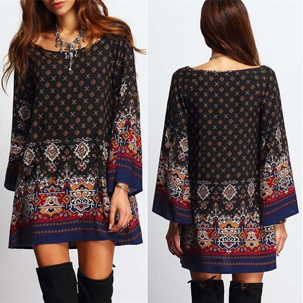 

europe new style retro nation printed large size loose-fit sleeve heat transfer floral patterns dress, Black;gray