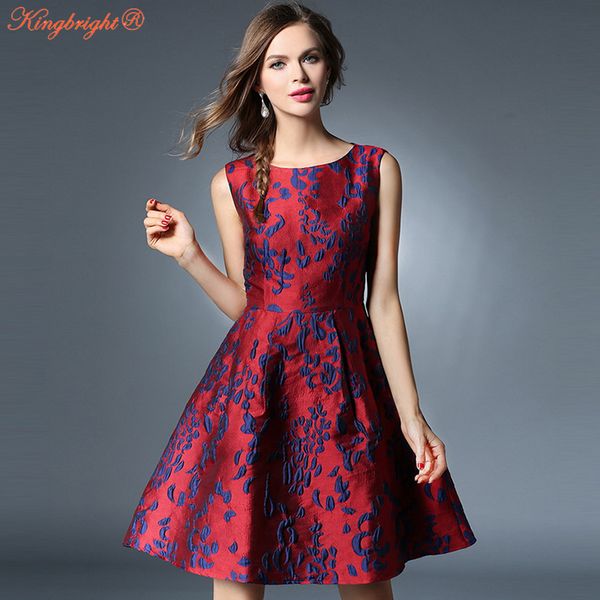 

2019 womens summer autumn retro vintage red dresses o-neck sleeveless floral jacquard print vest casual party swing dres, Black;gray