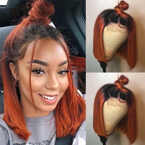 

bob ginger brown human hair lace wigs 150density ombre ginger silky straight 13x6 lace front wigs with baby hair middle part, Black;brown