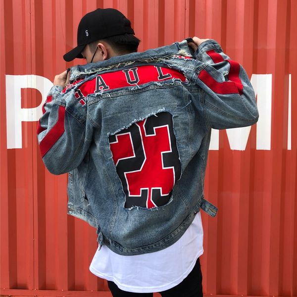 

printed hole patchwork denim jeans men's letter ashion destroyed red hop hip jacket streetwear jacket male blue relce, Black