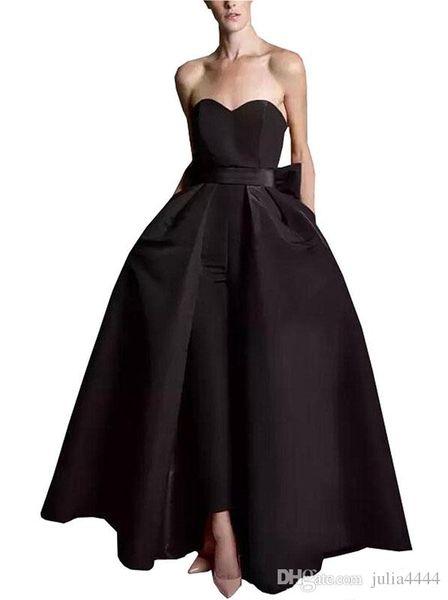 

sell women jumpsuit evening dresses plus size 2019 satin bow strapless prom dress detachable skirt pantsuit formal party gowns open back, Black