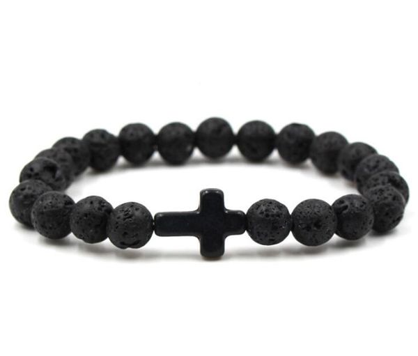 Trendy Gesù Croce Fascino Blu Turchesi Bracciale da uomo Nero Pietra lavica 8mm Perline bianche Bracciali Braccialetti per le donne Gioielli Yoga GB879