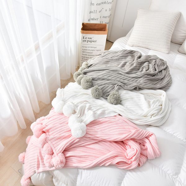 

nordic knitted cotton blanket solid color with hair ball blanket warm and comfortable sofa throw