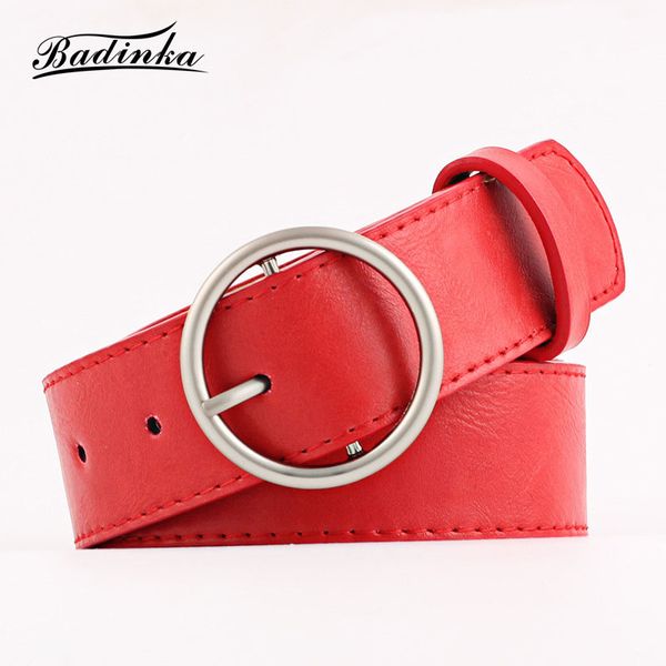 

badinka 2019 new wide black red white faux pu leather belt waistband female silver round circle belts for women dresses jeans, Black;brown