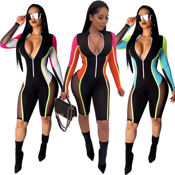 

Contrast Color Women Jumpsuits Summer Gauze Patchwork Rompers One Piece Suits Long Sleeve Joint Zipper Clothing