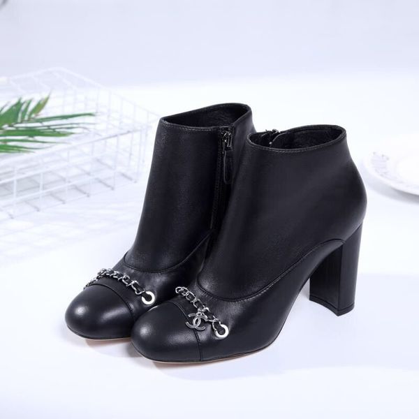 

classicchanel new womens boots ankle hlaf high heel martin boots autumn and winter ladies leather short boots rough high heels shoes