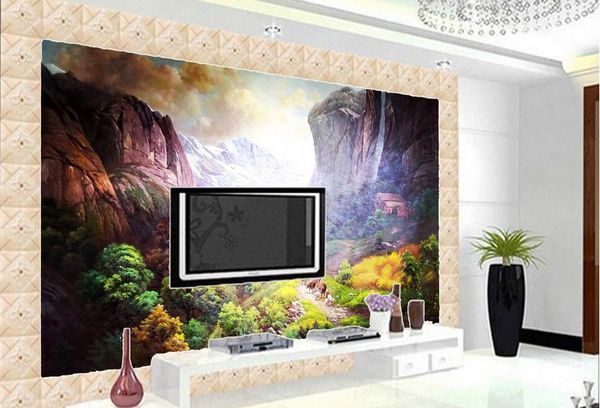 Personalizzato 3D Stereoscopico Walpaper paesaggio Pittura a olio villaggio di montagna Sfondi Soggiorno foto carte da parati decorazioni per la casa