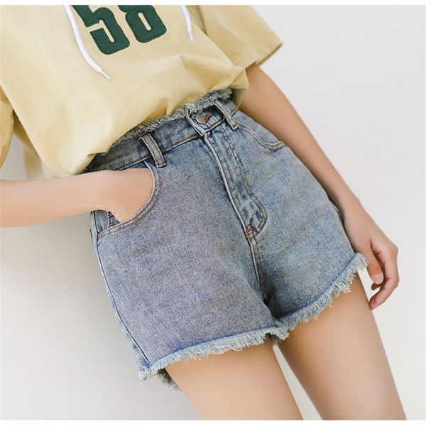 

real s2020 new fashion summer wash high waist was thin frayed denim shorts, Blue