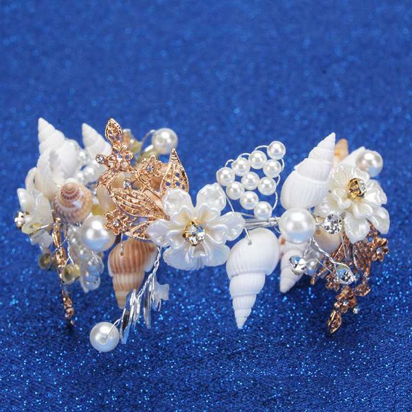 

fashion beautiful mermaid wreath wedding bridal crowns headband hair accessories girl summer beach shell wreath head decoration, Golden;white