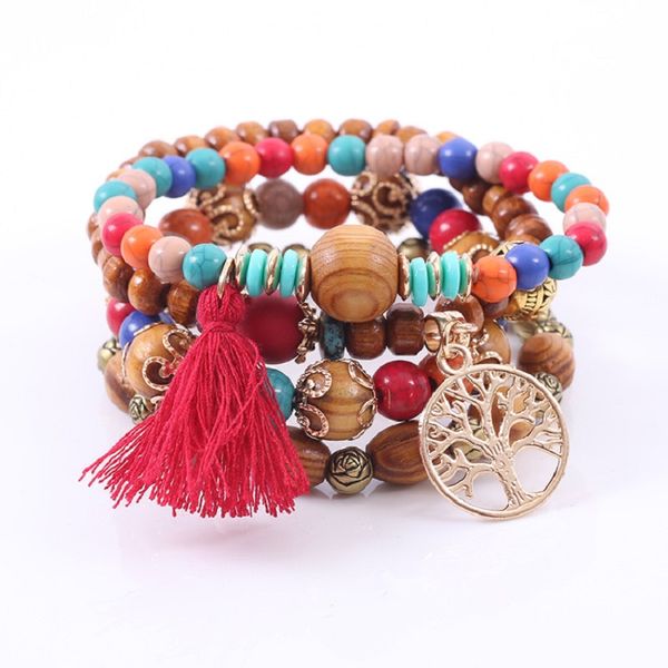 

bohemian multilayer charm bracelets colorul wood beads bracelet life tree pendant tassel elastic vintage bangles for women men jewelry dhl, Golden;silver