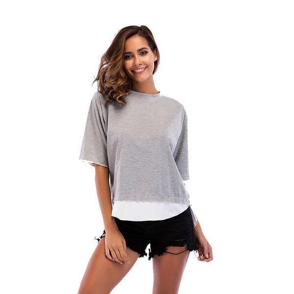

womens designer stitching round neck t-shirt short sleeve summer large size shirt women, White