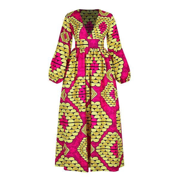 

women casual dress v-neck print long sleeve high waist dresses slim fit a line flare ethnic style long maxi ladies swing dress, Black;gray