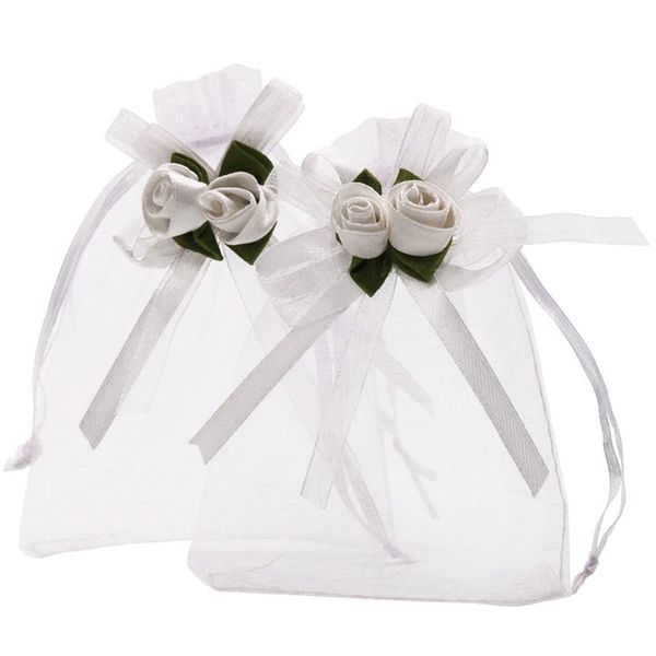 

3.9x4.7 inches sheer organza wedding favor gift bags white rose drawstring pouches, pack of 50