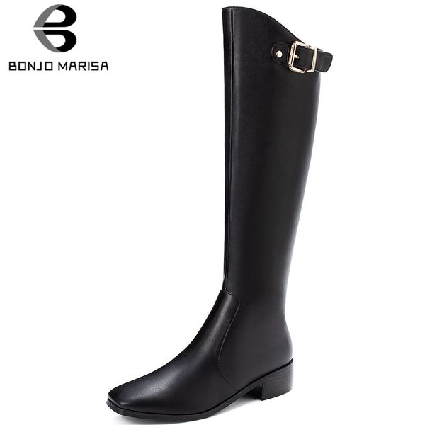 

bonjomarisa new 33-45 knee high riding boots women 2019 brand square toe knight boots ladies chunky heels shoes woman, Black