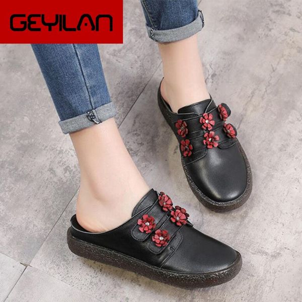 

genuine leather shoes flower slippers handmade slides flip flop on the platform for women woman slippers plus size, Black