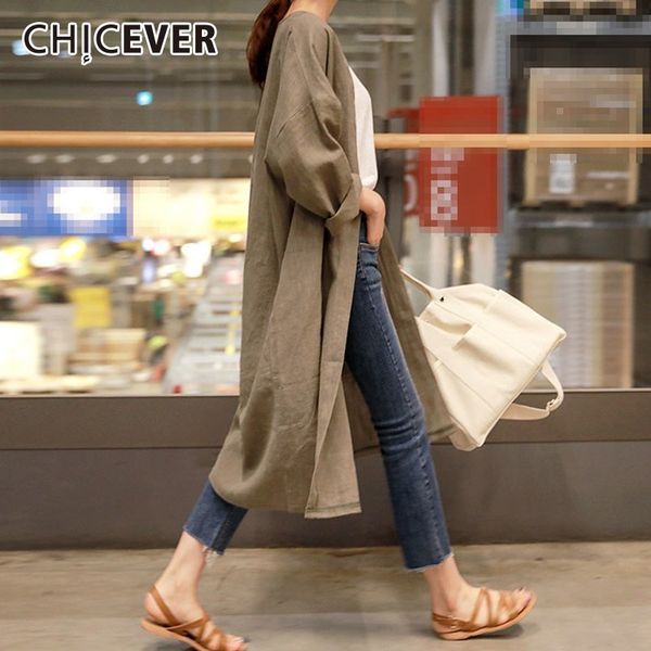 

chicever autumn linen trench coat for women's windbreaker cardigans long sleeve casual loose oversize windbreakers fashion new, Tan;black