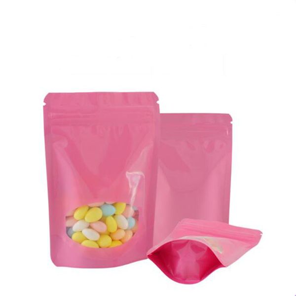 Kleine bis große rosafarbene Mylar-Verpackungsbeutel aus Aluminiumfolie mit ovalem Fenster, Stand-up-Reißverschlussverschluss, Aufbewahrungsbeutel für Lebensmittel, Tee, Kaffee, Süßigkeiten