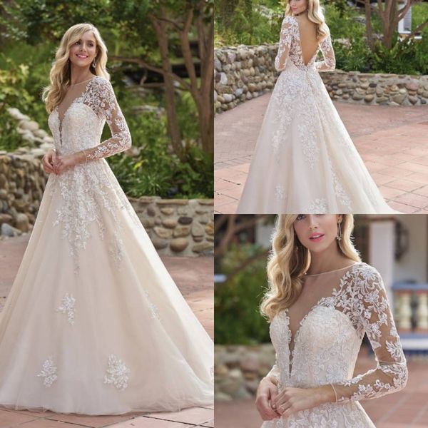 

2019 summer bohemian wedding gown long sleeve a line wedding gowns backless sweep train vestito da sposa, White