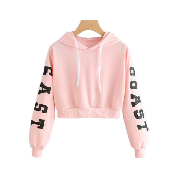 

romwe pink cropped hoodies drawstring kawaii women letters print long sleeve hooded sweatshirt 2018 autumn graphic sweet hoodies fit, Black