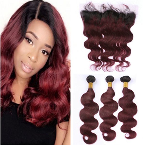 T1B 99J Burgundy Ombre Virgin человеческих волос Утки с фронтальным Body Wave Dark Roots Wine Red Ombre полный шнурок 13x4 Закрытие связками