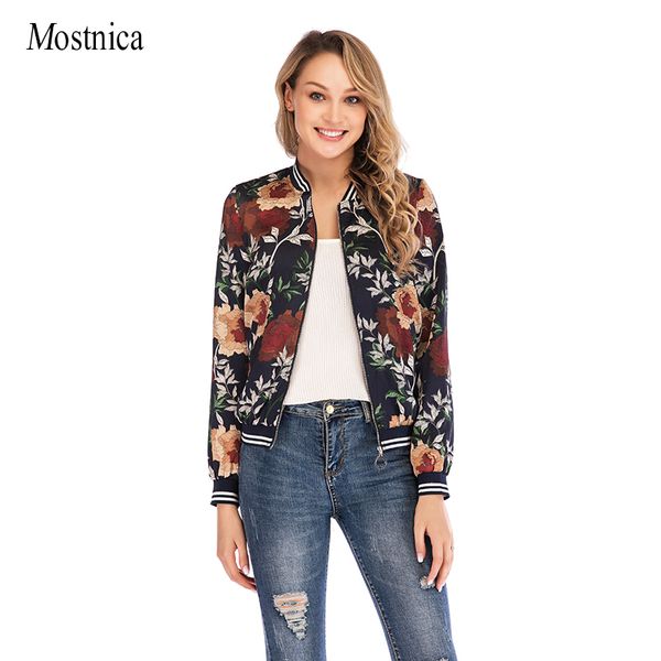 

mostnica flower printed vintage women flight jacket gothi spring striped long sleeves zipper retro ladies coat for female, Black;brown
