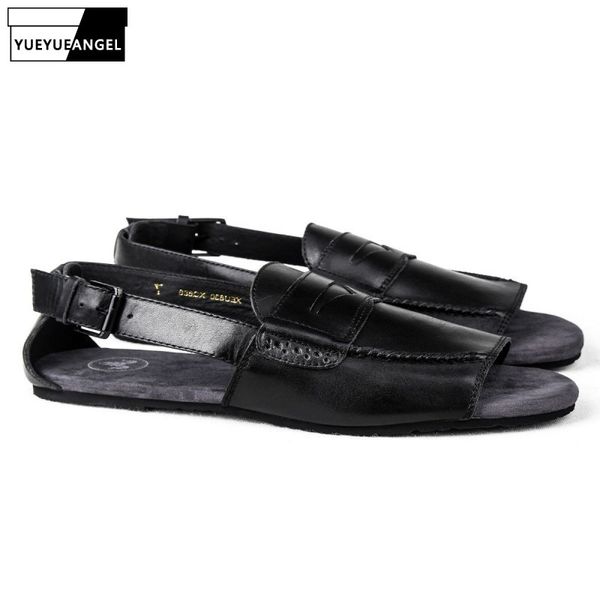 

italian new summer buckle strap gladiator sandals men genuine leather casual flats shoes beach slippers plus size calzado hombre, Black
