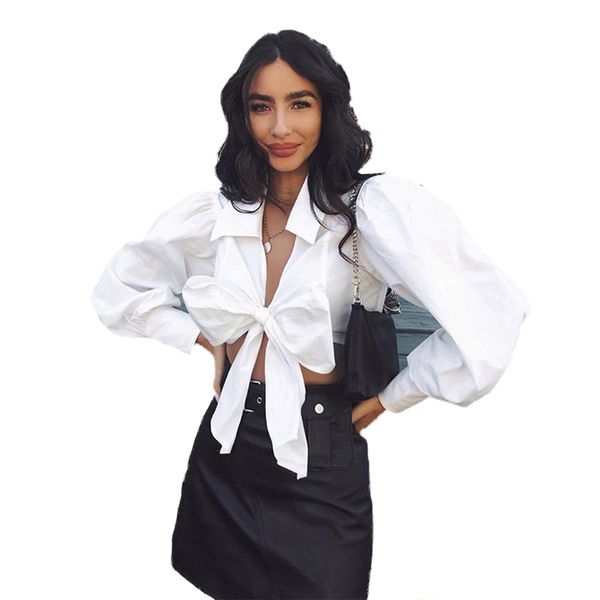 

fashion women and blouses long sleeve solid bow white shirt streetwear lantern sleeve female bare shirt short women