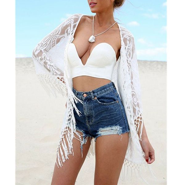 

hirigin women's summer lace tassel crochet bikini cover up beach caidigan kaftan beach swimsuit cover up dress